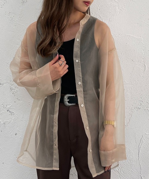 apres jour mignon（アプレジュールミニョン）の「バンドカラーシアーシャツ【ZOZOTOWN限定アイテム】（シャツ/ブラウス・レディース・ブラック/ベージュ/パープル・X-LARGE/フリー）」の8枚目の写真