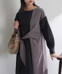 長袖前結びバイカラーワンピース