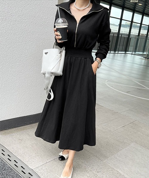 NANING9（ナンニング）の「NANING9 フロントジップシャーリングワンピ（ワンピース・レディース・ブラック/グレー・FREE）」の2枚目の写真