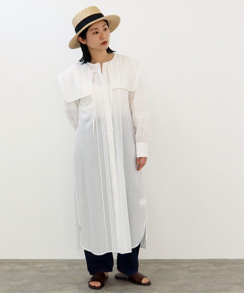 【美品】ビリティスディセッタンノーカラーコート ワンピース ベルト コサージュ yuni（ユニ ）の「○コットン ピンタック セパレートカラー