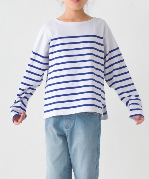 OMNES(オムネス)の「キッズパネルボーダーコットン長袖Tシャツ(Tシャツ/カットソー・キッズ・ホワイト×グリーン/ホワイト×ブルー/ホワイト×ブラック/ネイビー×ホワイト/グレー系その他/ホワイト系その他・120/130/140/110/100/90/80)」の3枚目の写真