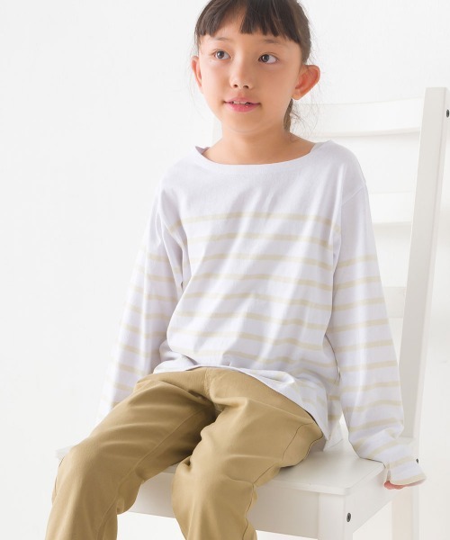 OMNES(オムネス)の「キッズパネルボーダーコットン長袖Tシャツ(Tシャツ/カットソー・キッズ・ホワイト×グリーン/ホワイト×ブルー/ホワイト×ブラック/ネイビー×ホワイト/グレー系その他/ホワイト系その他・120/130/140/110/100/90/80)」の1枚目の写真