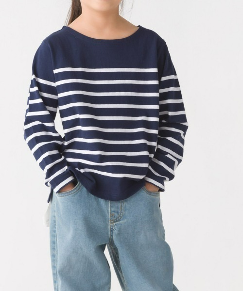 OMNES(オムネス)の「キッズパネルボーダーコットン長袖Tシャツ(Tシャツ/カットソー・キッズ・ホワイト×グリーン/ホワイト×ブルー/ホワイト×ブラック/ネイビー×ホワイト/グレー系その他/ホワイト系その他・120/130/140/110/100/90/80)」の6枚目の写真