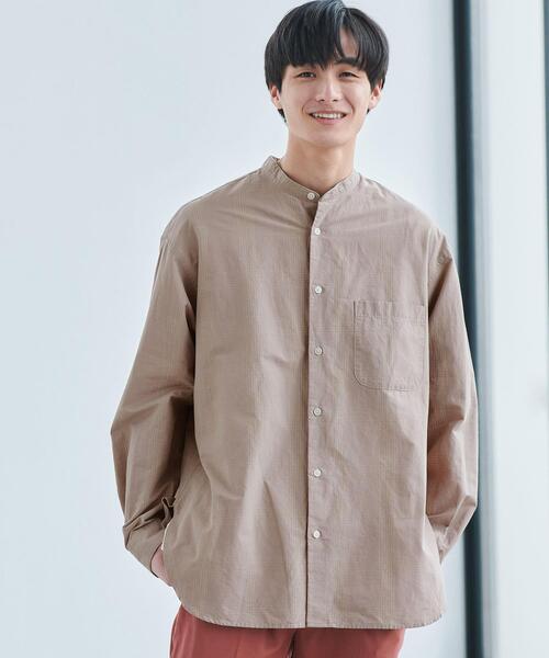 green label relaxing（グリーンレーベルリラクシング）の「スプラッシュチェック ロング バンドカラー シャツ（シャツ/ブラウス・メンズ・ベージュ/ブラック・L/M/S/XL）」の3枚目の写真