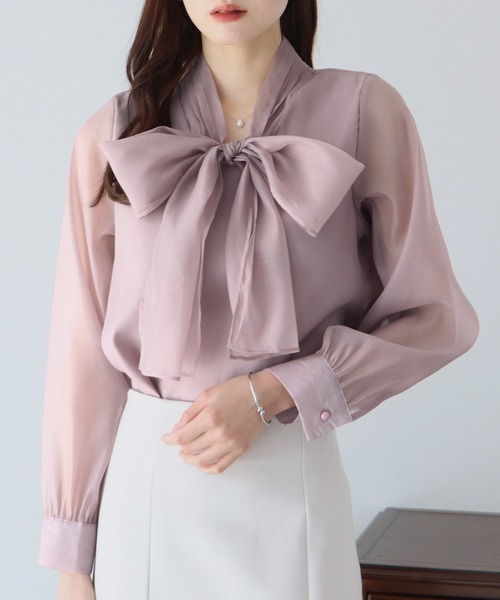 BLUEEAST（ブルーイースト）の「オーガンジーシアーボウタイブラウス（シャツ/ブラウス・レディース・ピンクベージュ/ブラック/オフホワイト/ブラック系/グレー系・MEDIUM/LARGE）」の5枚目の写真