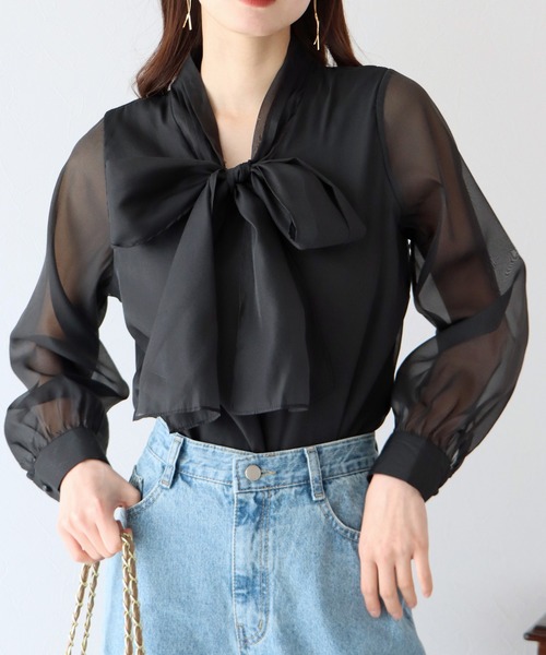 BLUEEAST（ブルーイースト）の「オーガンジーシアーボウタイブラウス（シャツ/ブラウス・レディース・ピンクベージュ/ブラック/オフホワイト/ブラック系/グレー系・MEDIUM/LARGE）」の21枚目の写真