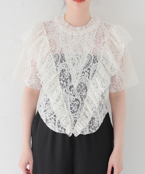 COVERT/コーベルト LACE RUCHED TOP レースブラウス セール】【COVERT/コーベルト】LACE RUCHED TOP（シャツ