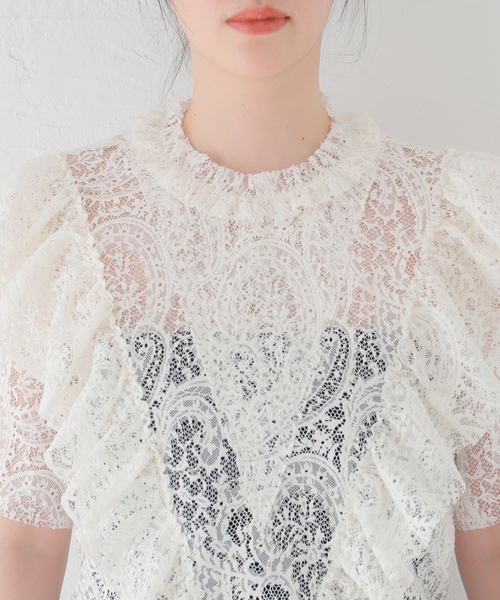 セール】【COVERT/コーベルト】LACE RUCHED TOP（シャツ