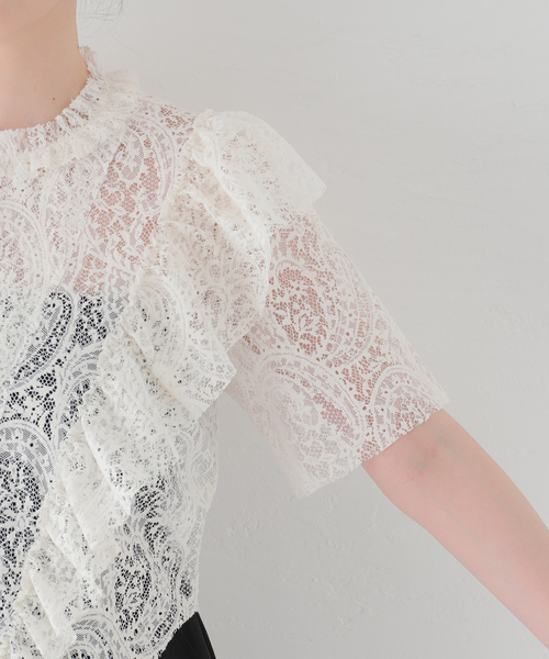 セール】【COVERT/コーベルト】LACE RUCHED TOP（シャツ