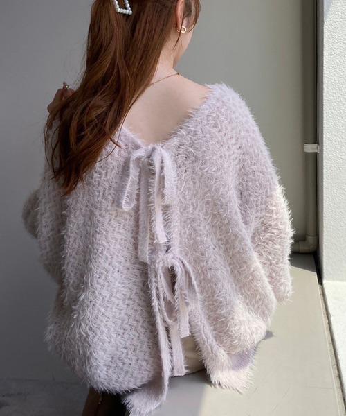 one after another NICE CLAUP(ワンアフターアナザーナイスクラップ)の「前後2way/リボンメッシュニットカーディガン(カーディガン/ボレロ・レディース・アイボリー/ライトグレー/ブラック/ピンク・FREE)」の4枚目の写真