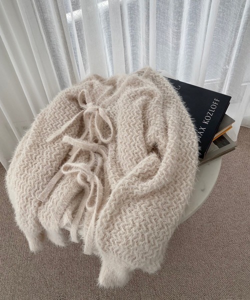 one after another NICE CLAUP(ワンアフターアナザーナイスクラップ)の「前後2way/リボンメッシュニットカーディガン(カーディガン/ボレロ・レディース・アイボリー/ライトグレー/ブラック/ピンク・FREE)」の8枚目の写真