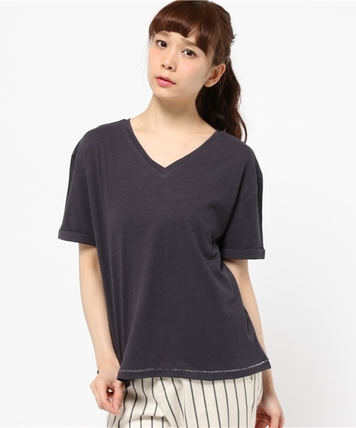 CIAOPANIC（チャオパニック）の「【Ciaopanic】　ジンバブエコットン天竺VネックTシャツ（Tシャツ/カットソー・レディース・ホワイト/ブラック・FREE）」の2枚目の写真