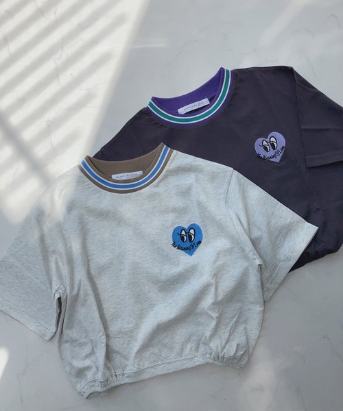 AS KNOW AS plus(アズノゥアズプラス)の「〇ラインリブ ハート刺繍ショート丈Tシャツ(Tシャツ/カットソー・レディース・オフホワイト/スミクロ/オートミール・FREE)」の1枚目の写真