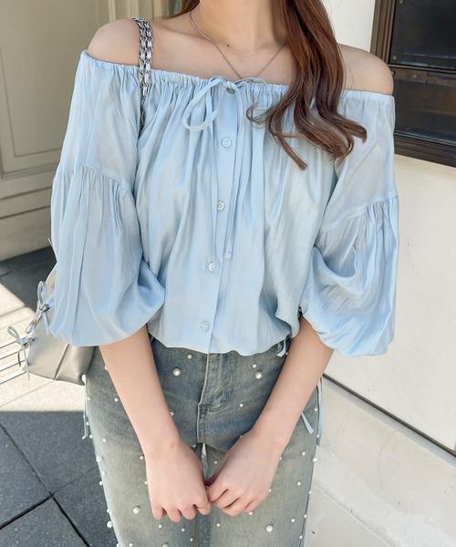 Ambre Ciel（アンブルシエル）の「2wayギャザーリボンブラウス／WEB/EC限定商品（シャツ/ブラウス・レディース・ブルー/オフホワイト・FREE）」の2枚目の写真