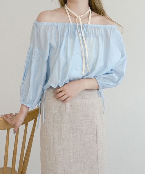 Ambre Ciel（アンブルシエル）の「2wayギャザーリボンブラウス／WEB/EC限定商品（シャツ/ブラウス・レディース・ブルー/オフホワイト・FREE）」の4枚目の写真