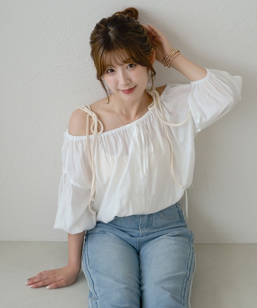 Ambre Ciel（アンブルシエル）の「2wayギャザーリボンブラウス／WEB/EC限定商品（シャツ/ブラウス・レディース・ブルー/オフホワイト・FREE）」の5枚目の写真