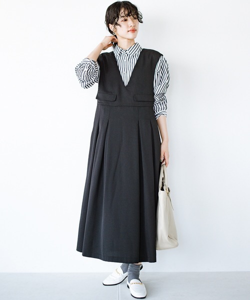 haco!（ハコ）の「3段階の魔法をかけた ホップステップジャンパースカート（ジャンパースカート・レディース・ベージュ/ブラック・LARGE/SMALL/X-LARGE/MEDIUM）」の2枚目の写真