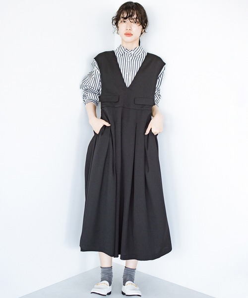 haco!（ハコ）の「3段階の魔法をかけた ホップステップジャンパースカート（ジャンパースカート・レディース・ベージュ/ブラック・LARGE/SMALL/X-LARGE/MEDIUM）」の5枚目の写真