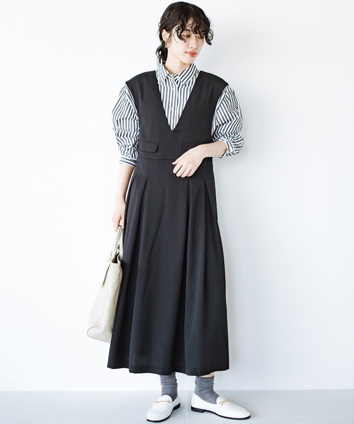 haco!（ハコ）の「3段階の魔法をかけた ホップステップジャンパースカート（ジャンパースカート・レディース・ベージュ/ブラック・LARGE/SMALL/X-LARGE/MEDIUM）」の8枚目の写真