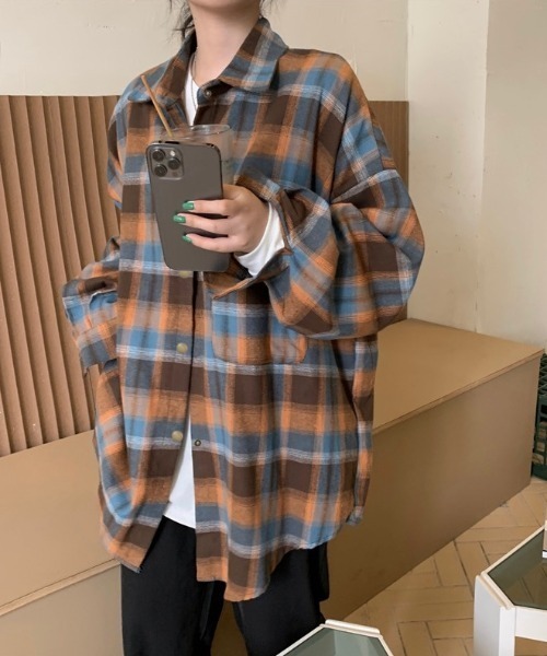 LADY LIKE（レディライク）の「ドットボタンチェックネルシャツ（シャツ/ブラウス・レディース・オレンジ/ネイビー/ベージュ・M）」の8枚目の写真