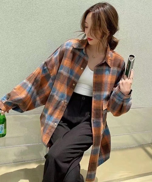 LADY LIKE（レディライク）の「ドットボタンチェックネルシャツ（シャツ/ブラウス・レディース・オレンジ/ネイビー/ベージュ・M）」の14枚目の写真