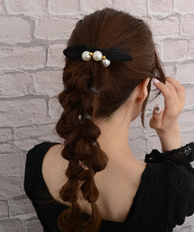 【float】パール ブラックリボン ヘアゴム