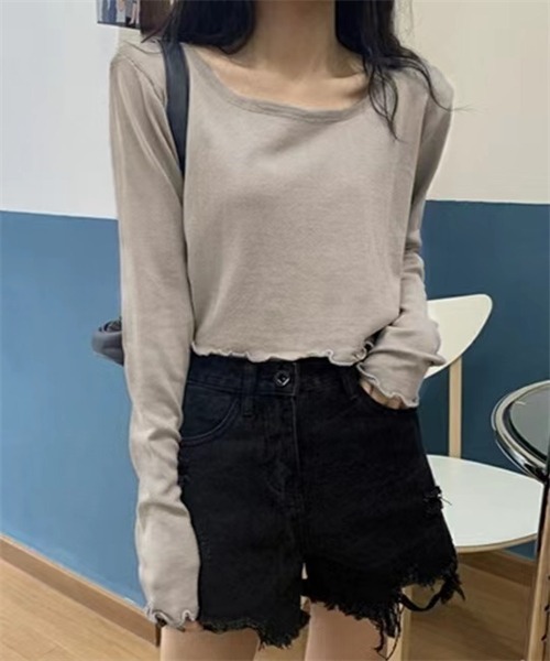 Dream garden(ドリームガーデン)の「ショート丈長袖Tシャツ(Tシャツ/カットソー・レディース・パープル/ライトグリーン/グレー/杢グレー/ブラック/ブルー・L/M)」の3枚目の写真