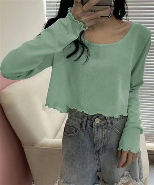 Dream garden(ドリームガーデン)の「ショート丈長袖Tシャツ(Tシャツ/カットソー・レディース・パープル/ライトグリーン/グレー/杢グレー/ブラック/ブルー・L/M)」の1枚目の写真
