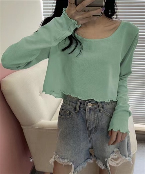Dream garden(ドリームガーデン)の「ショート丈長袖Tシャツ(Tシャツ/カットソー・レディース・パープル/ライトグリーン/グレー/杢グレー/ブラック/ブルー・L/M)」の15枚目の写真