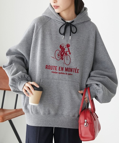 裏起毛メッセンジャー刺繍 オーバースウェットパーカー/フーディープル