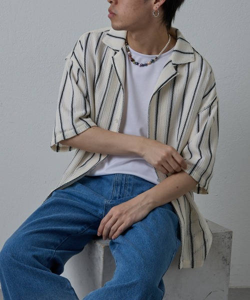 COLONY 2139（コロニートゥーワンスリーナイン）の「ニット透かし編み半袖シャツ（シャツ/ブラウス・メンズ・ブラック/ホワイト/アイボリー・MEDIUM/LARGE）」の3枚目の写真