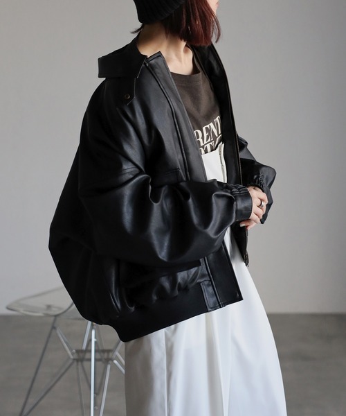 LASUD♡春使える！ノーカラーブルゾン♡新品　ライナー付 取り外しライナー付き2WAYカラー裾リブフェイクレザーブルゾン