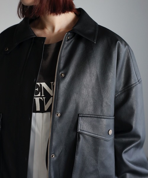 取り外しライナー付き2WAYカラー裾リブフェイクレザーブルゾン
