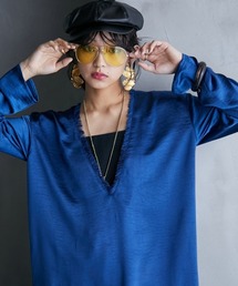 ＜大きいサイズ＞ サテン深Vネックチュニックブラウス GEVS.