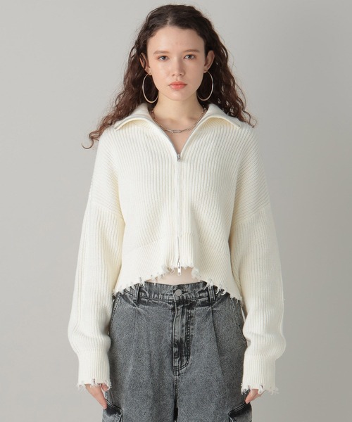 FOREVER 21（フォーエバー トゥエンティーワン）の「襟付きZIPニットカーディガン（カーディガン/ボレロ・レディース・オフホワイト/ライトグレー/グリーン・FREE）」の8枚目の写真