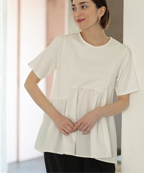 OPAQUE.CLIP(オペークドットクリップ)の「◆異素材Aラインカットソー シルク調コットン【洗濯機洗い可】(Tシャツ/カットソー・レディース・ホワイト/ベージュ/ブラック/チャコールグレー・42/40/38/36/34)」の5枚目の写真