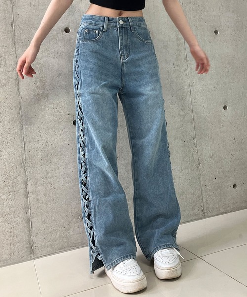 セール】サイドレースアップデニムストレートパンツ（デニム