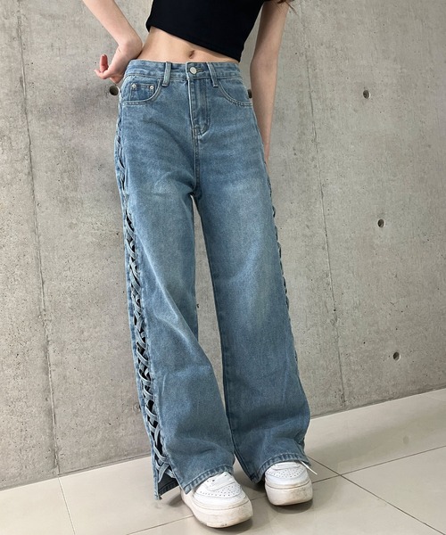 セール】サイドレースアップデニムストレートパンツ（デニム