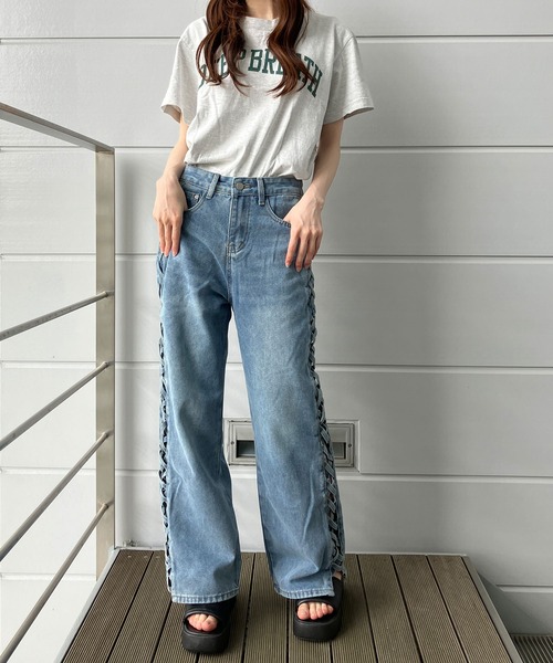 セール】サイドレースアップデニムストレートパンツ（デニム
