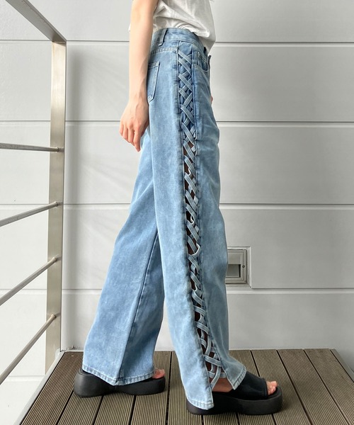 セール】サイドレースアップデニムストレートパンツ（デニムパンツ
