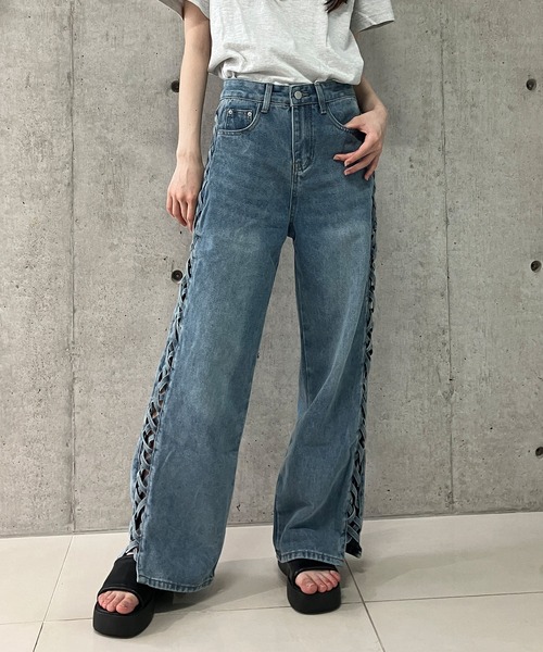 セール】サイドレースアップデニムストレートパンツ（デニム