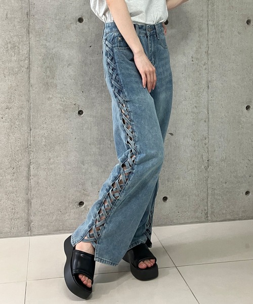 セール】サイドレースアップデニムストレートパンツ（デニムパンツ