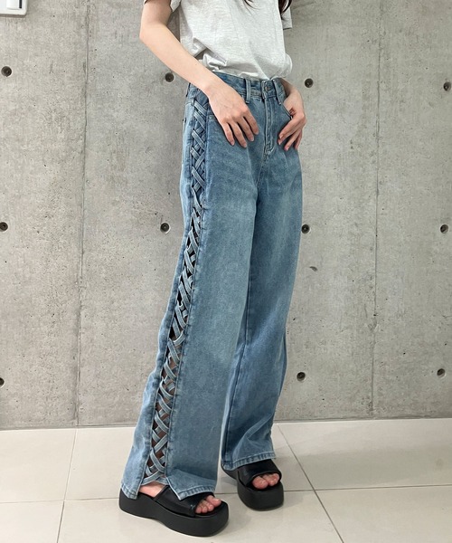 セール】サイドレースアップデニムストレートパンツ（デニム