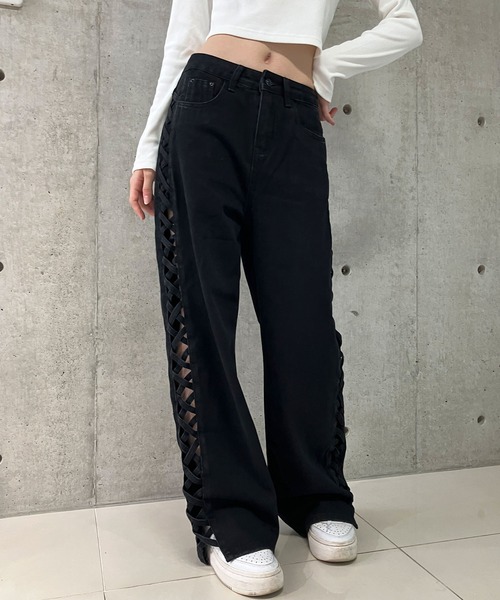 レースアップデニムパンツ セール】ハイウエストレースアップデニムパンツ【ZOZOTOWN限定