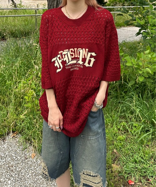sedacle(セダクル)の「透かしニットトップス(Tシャツ/カットソー・メンズ・ピンク/アイボリー/レッド・MEDIUM/SMALL/LARGE)」の1枚目の写真