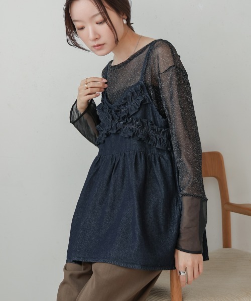 Bab(バブ)の「デニムフリルキャミトップス(Tシャツ/カットソー・レディース・インディゴブルー/ブラック・FREE)」の5枚目の写真