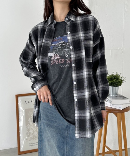 CLEA（クレア）の「ビッグシルエットチェックシャツ（シャツ/ブラウス・レディース・ブラック・FREE）」の8枚目の写真