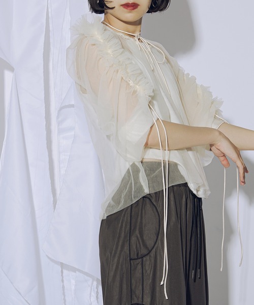 セール】Choker neck 2WAYフリルシアーブラウス（シャツ