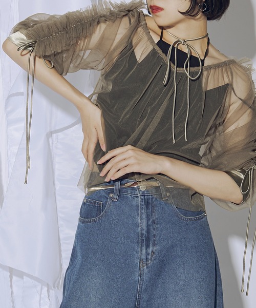 Ezick（エジック）の「Choker neck 2WAYフリルシアーブラウス（シャツ/ブラウス・レディース・アイボリー/ブラック/カーキ・FREE）」の4枚目の写真