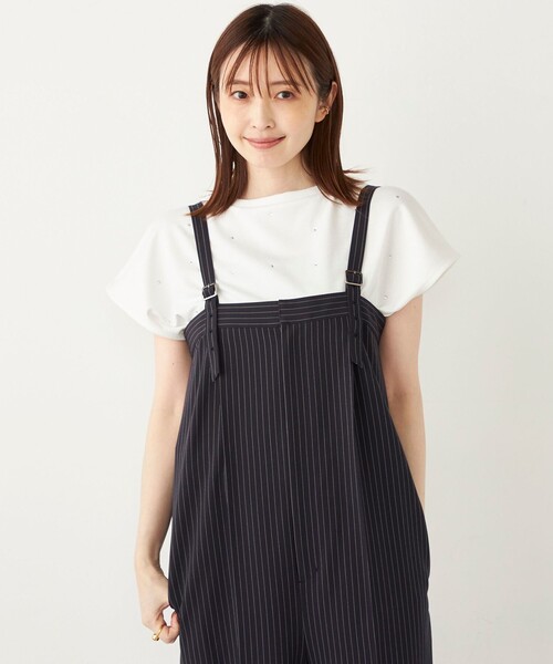 SHIPS Colors(シップス カラーズ)の「SHIPS Colors:〈手洗い可能〉ホットフィックス ミニ裏毛 トップス(Tシャツ/カットソー・レディース・オフホワイト/ネイビー・ONE SIZE)」の2枚目の写真